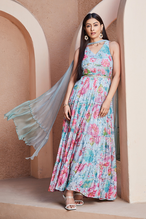 Pink Floral Printed Tiered Anarkali Kurta image number 8