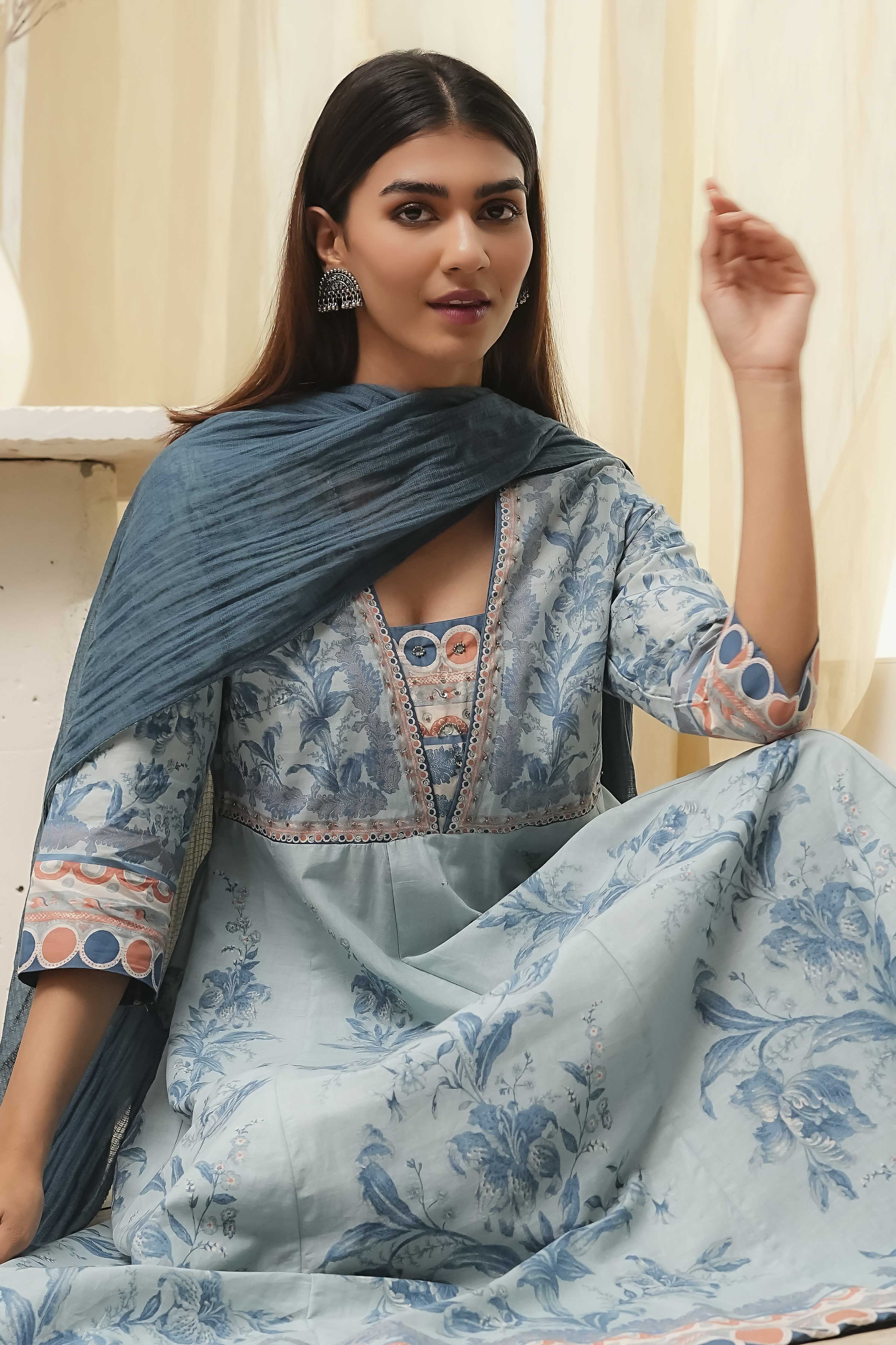 Dull Blue Cotton Floral Anarkali Suit Set image number 7