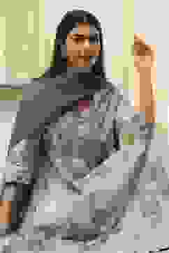 Dull Blue Cotton Floral Anarkali Suit Set image number 7