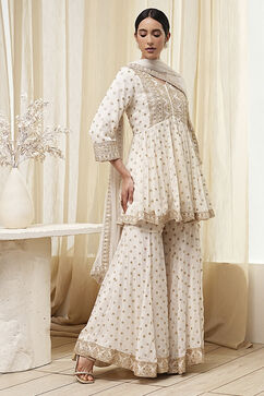 Ivory Georgette Embroidered Peplum Suit Set image number 4