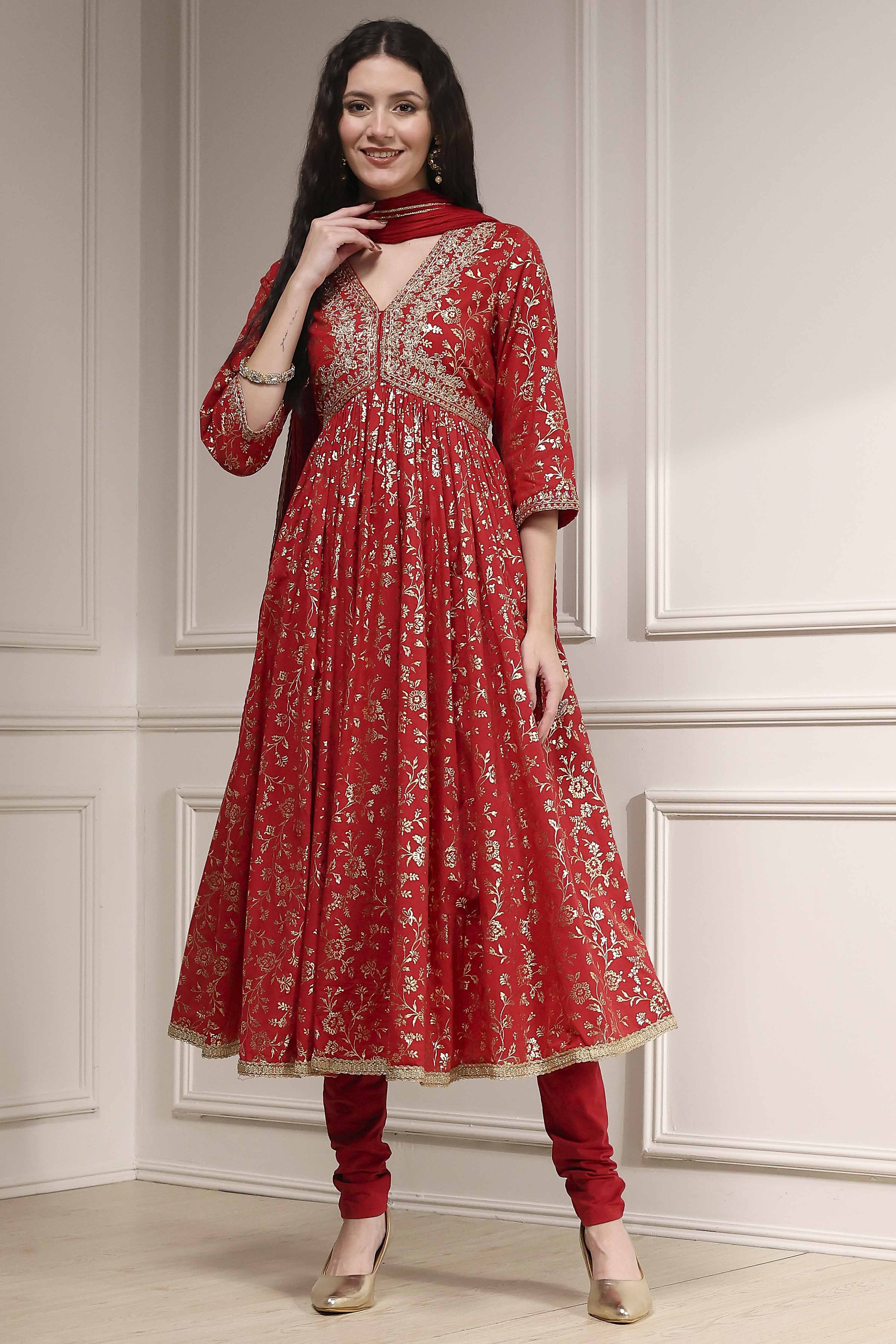 Red Cotton Foil Printed Anarkali Suit Set image number 6