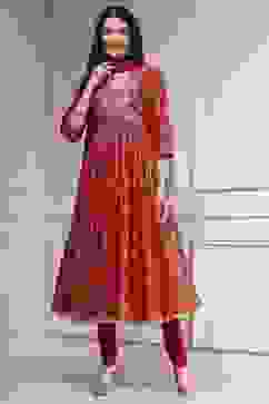 Red Cotton Foil Printed Anarkali Suit Set image number 6