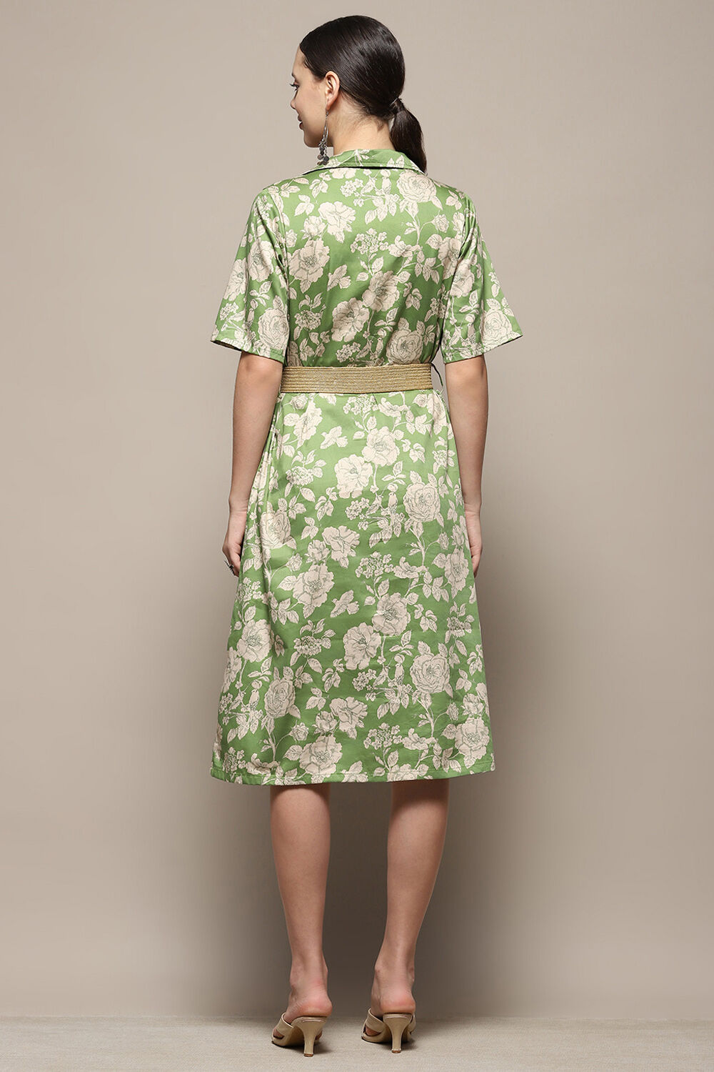 Dark Green Pure Cotton Floral Printed Straight Dress image number 4