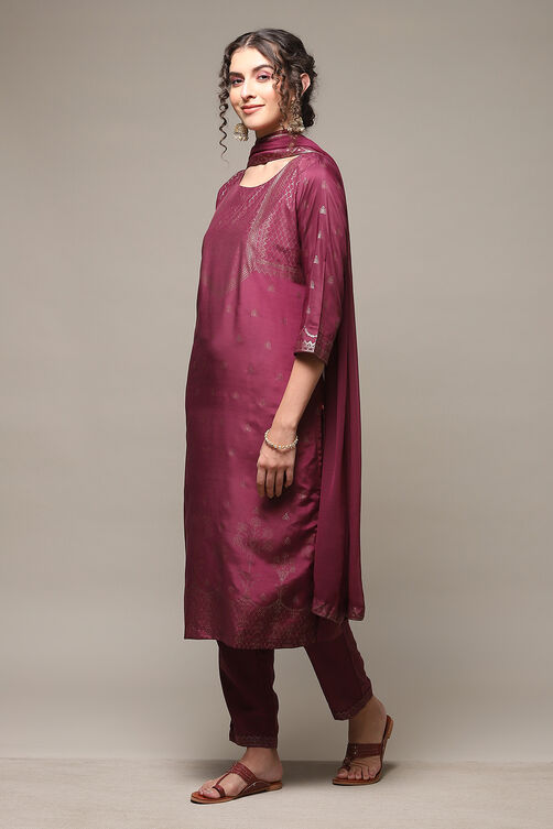 Purple Art Silk Straight Kurta Regular Pants Suit Set image number 5