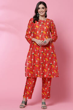 Red Cotton Straight Co-ord Set Kurta Relaxed Pant Suit Set image number 0