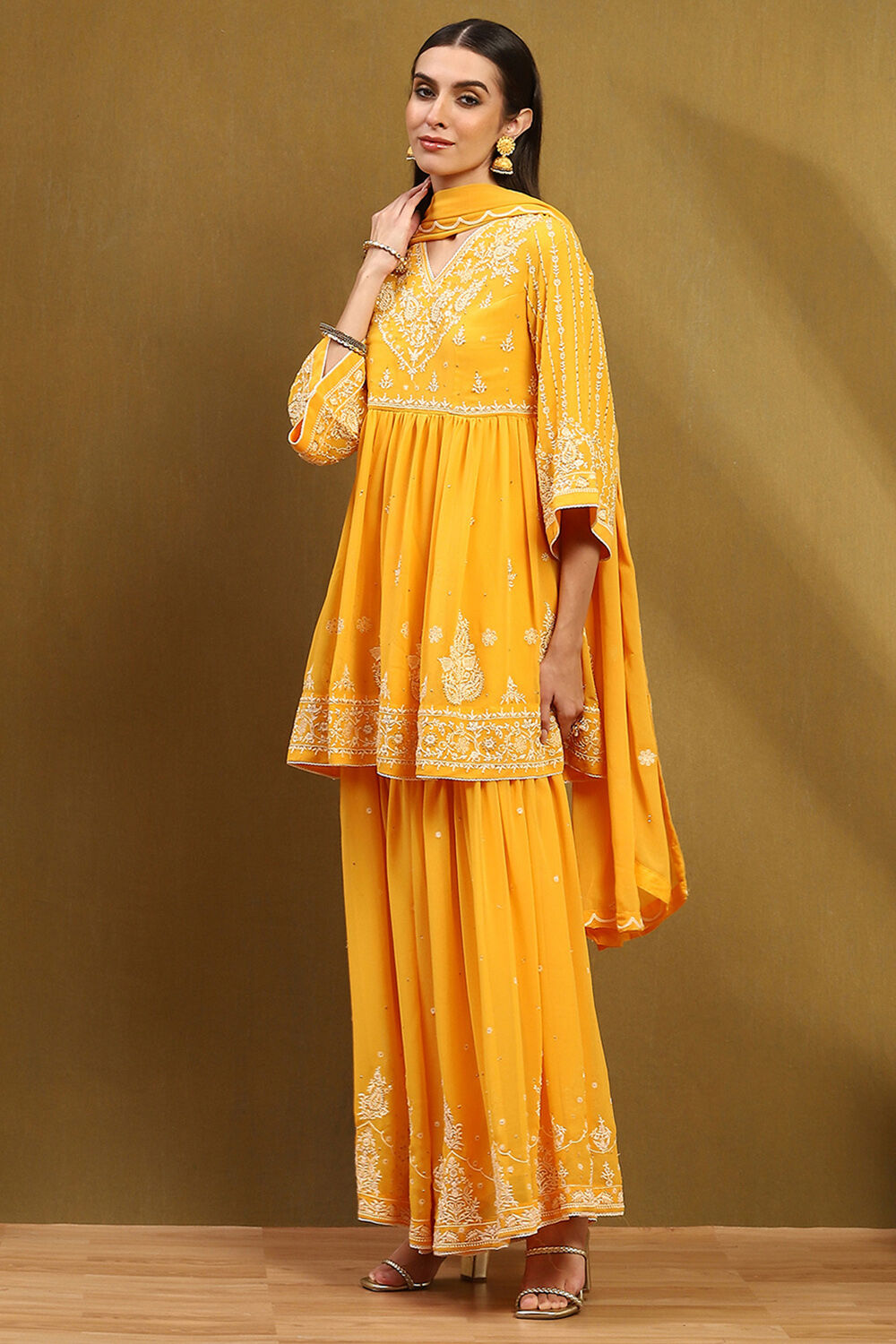 Yellow Georgette Gathered Suit Set image number 3