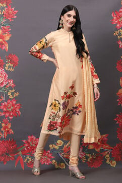 Rohit Bal Peach Cotton Silk Straight Printed Suit Set image number 6