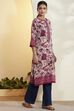 Berry Cotton Floral Printed Straight Kurta image number 4