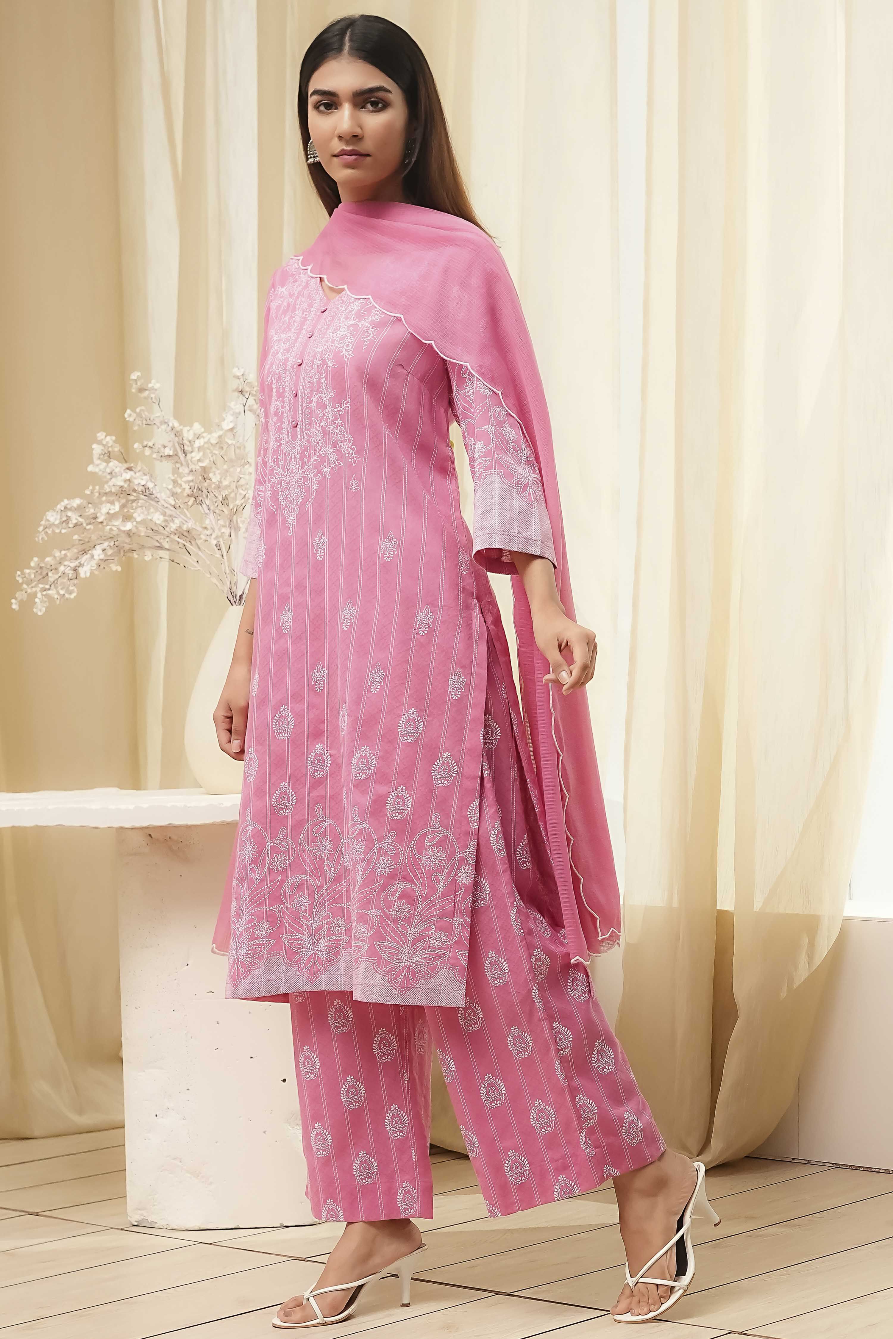Pink Pure Cotton Printed Straight Suit Set image number 3