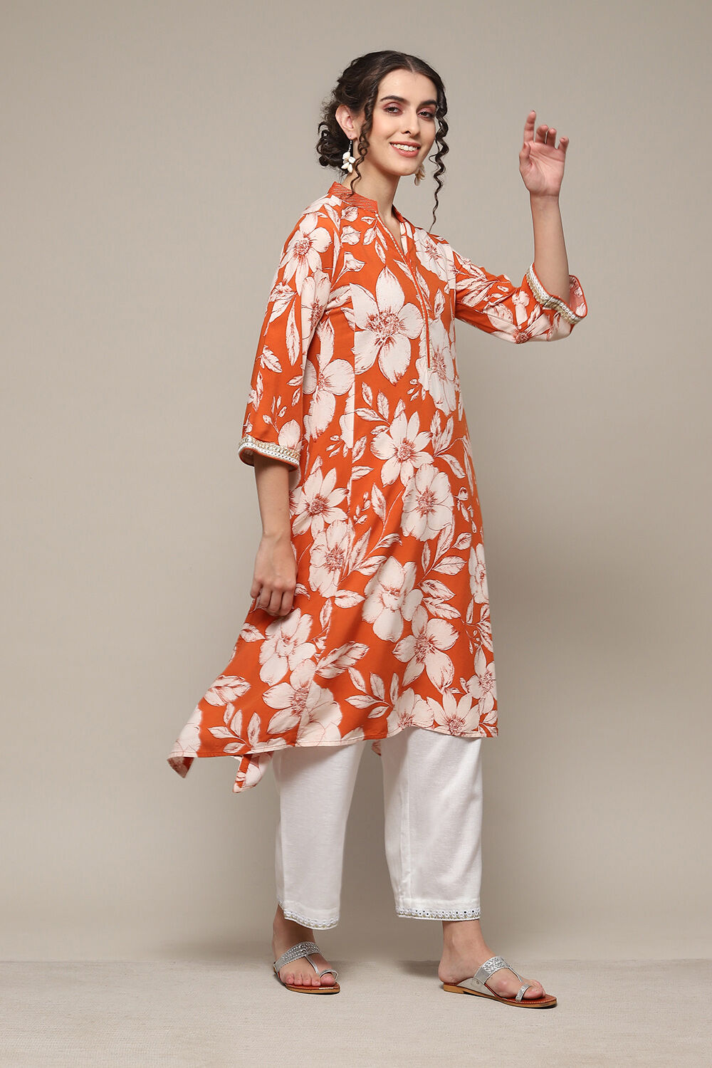 Burnt Orange LIVA Straight Printed Kurta image number 3