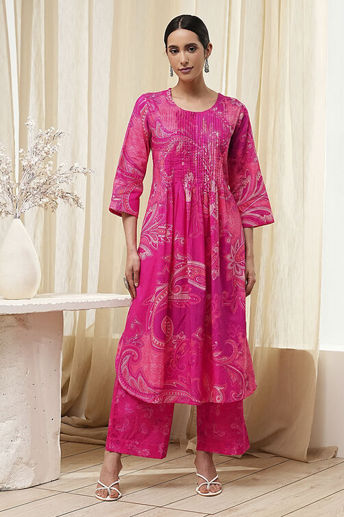 Pink Cotton Printed Pleated Kurta Set image number 6