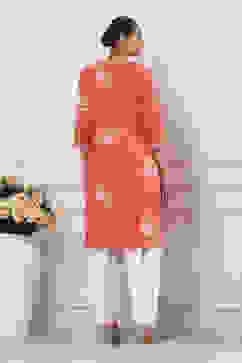 Orange and White Cotton Printed Straight Salwar Suit Set image number 4