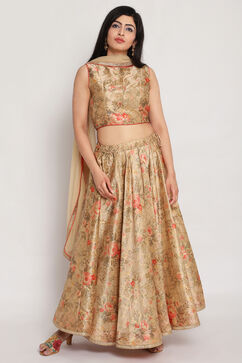 Beige Poly Metallic Floral Lehenga Set image number 2