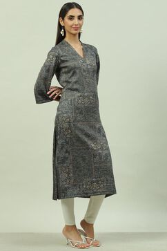 Olive Green Straight Printed Kurta image number 3