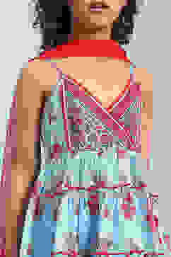 Sky Blue Cotton Printed Tiered Suit Set image number 1