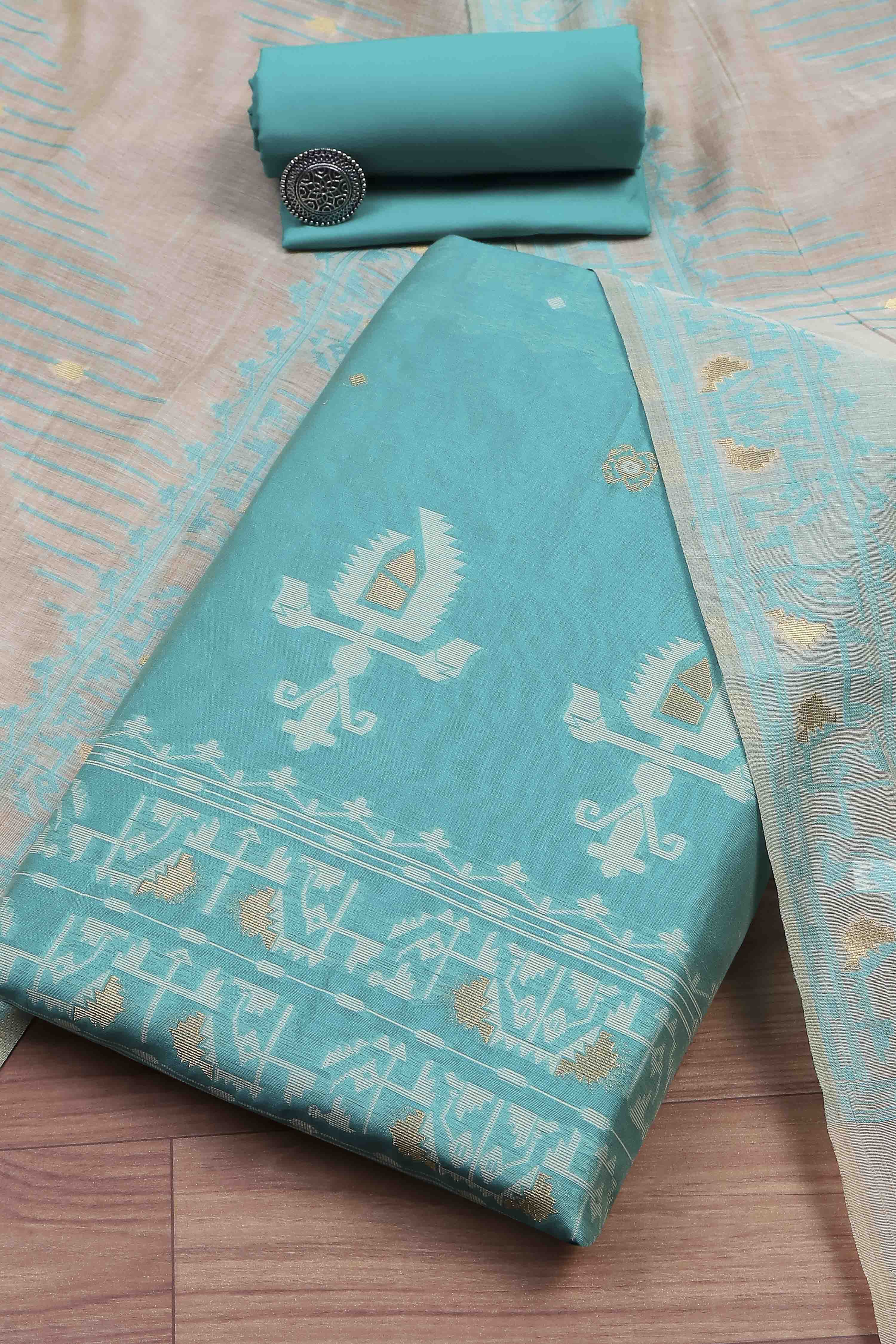 Blue Cotton Jamdani Unstitched Suit Set image number 0