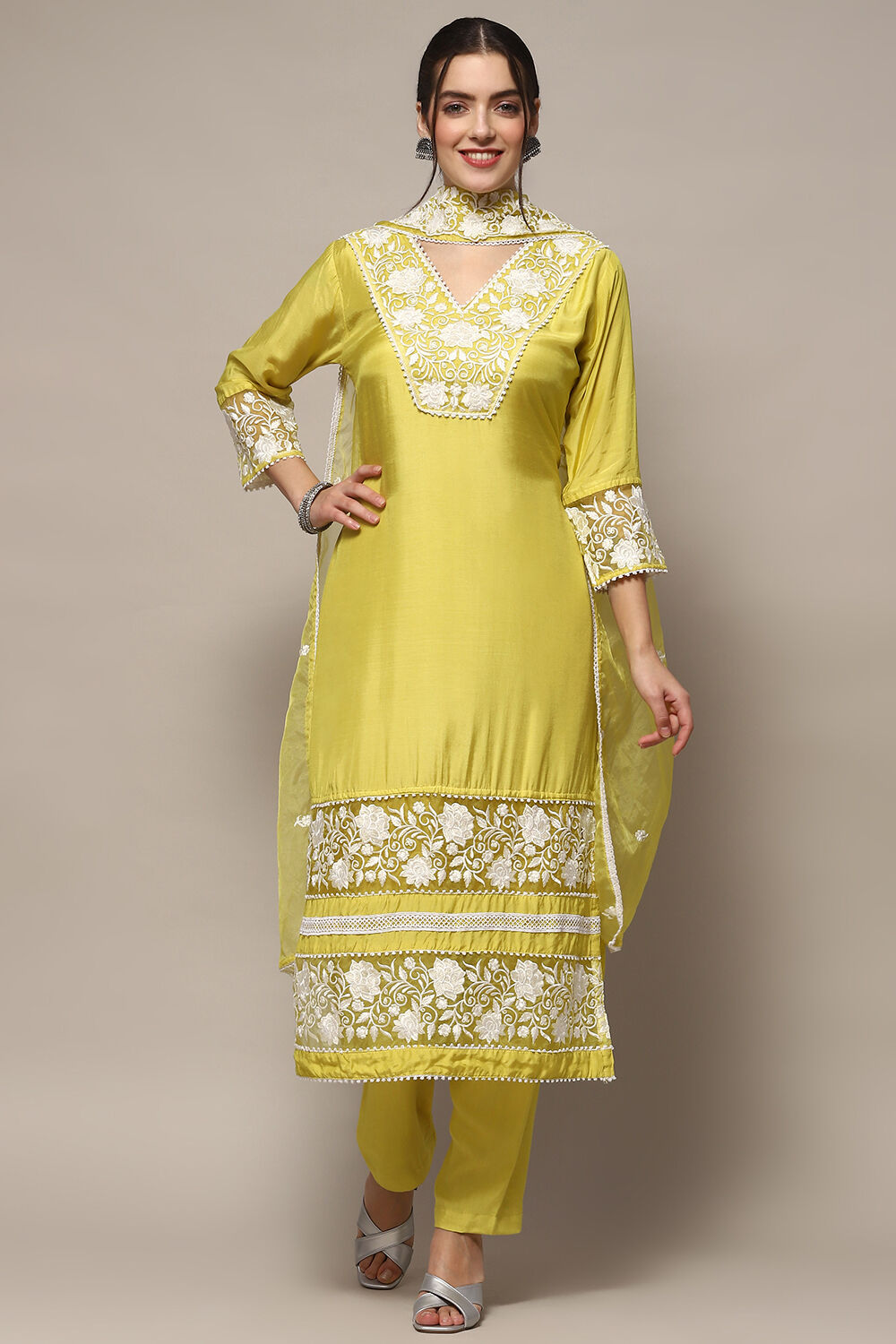 Yellow Muslin Unstitched Suit set image number 8