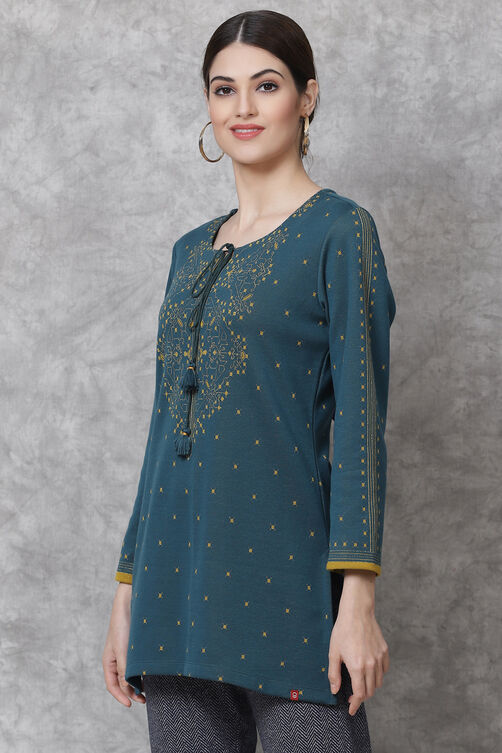 Teal Straight Poly Metallic Short s Yarndyed Kurti image number 2