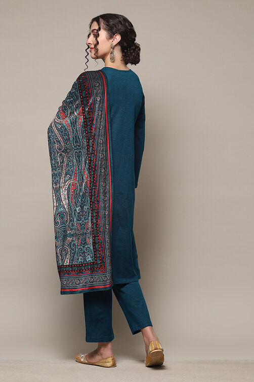 Peacock Blue Acrylic Straight Kurta Pants Suit Set image number 4