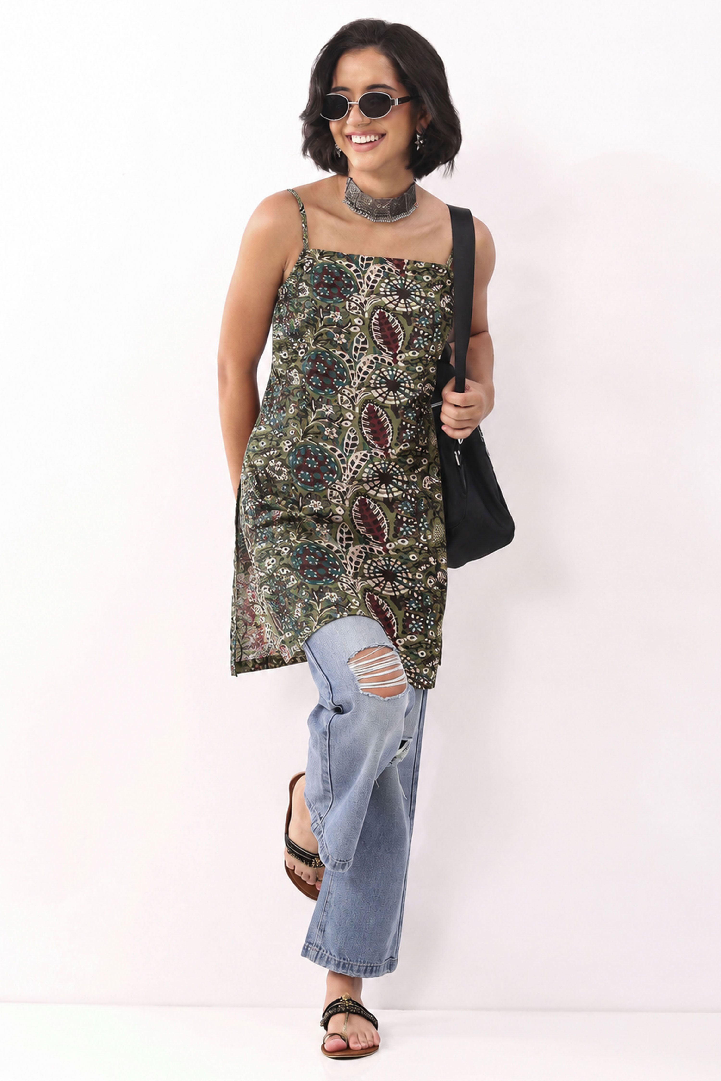 Blue Cotton Printed Short Kurti image number 0