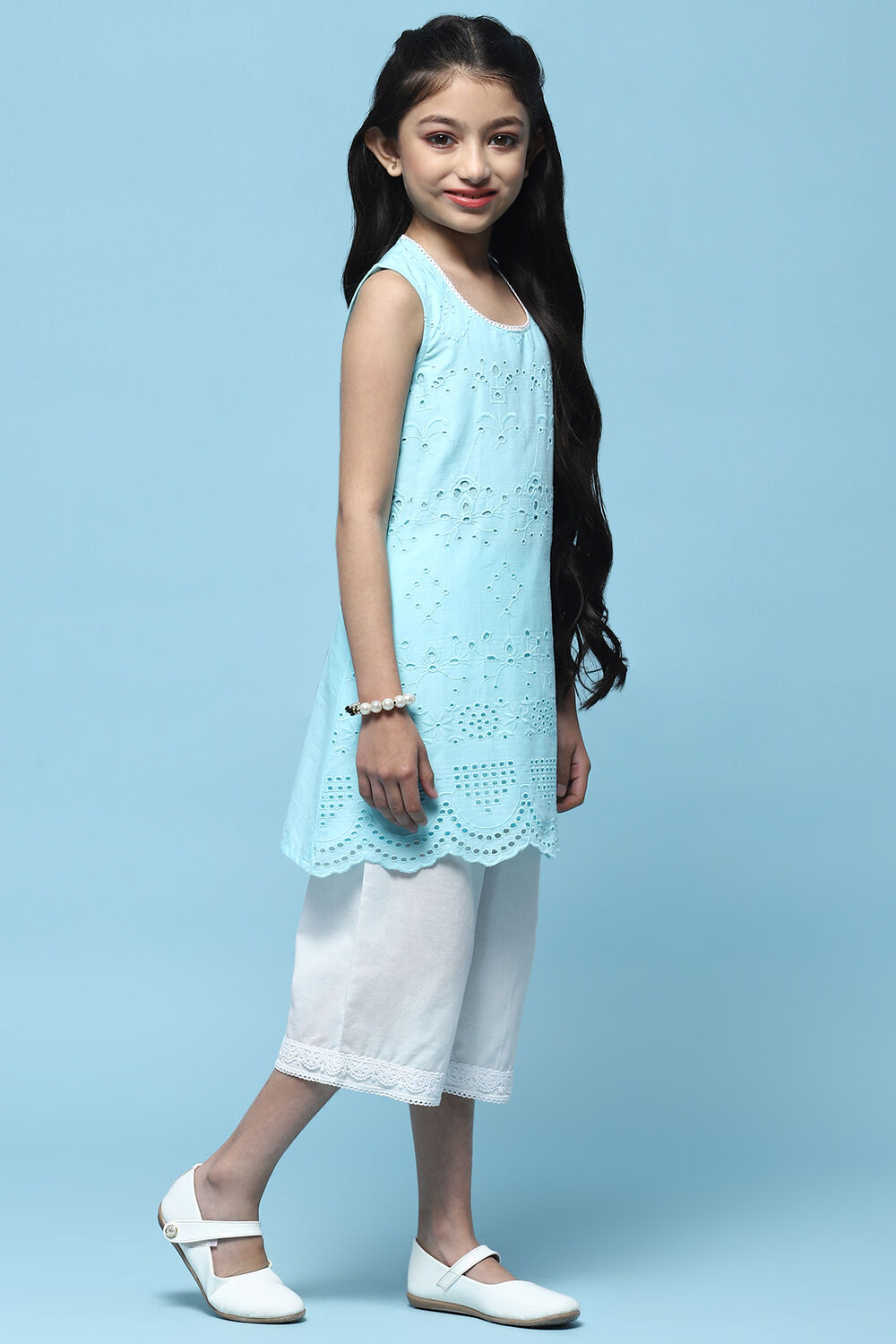 Sky Blue Schiffli Cotton Kurta & Palazzo image number 4