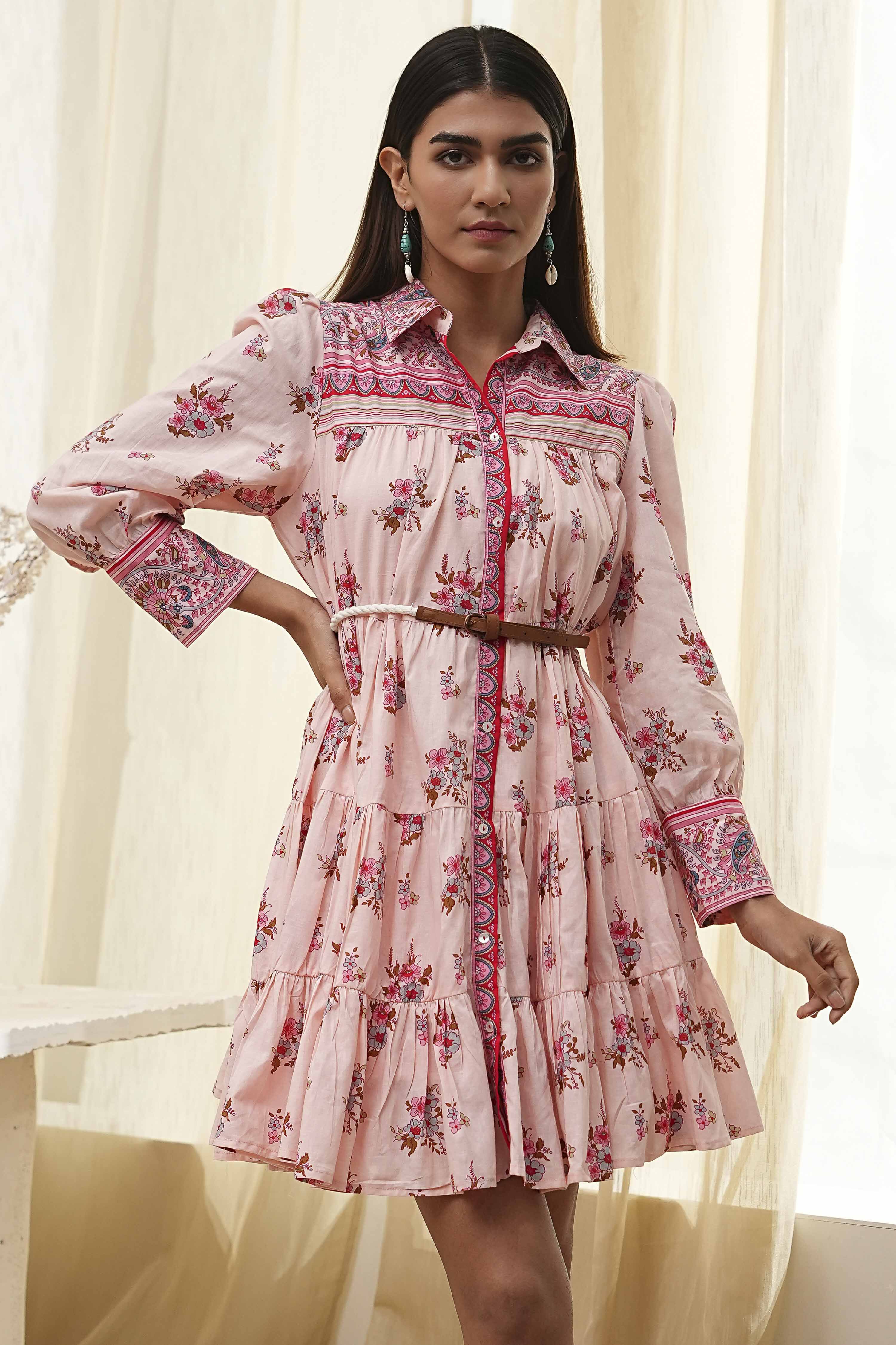 Peach-Colored Cotton  Floral Tiered Dress image number 7