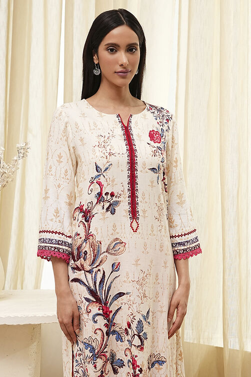 Ecru Floral Printed Straight Kurta image number 1