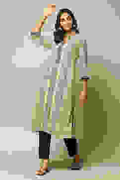 Beige & Black LIVA Straight Printed Kurta image number 0