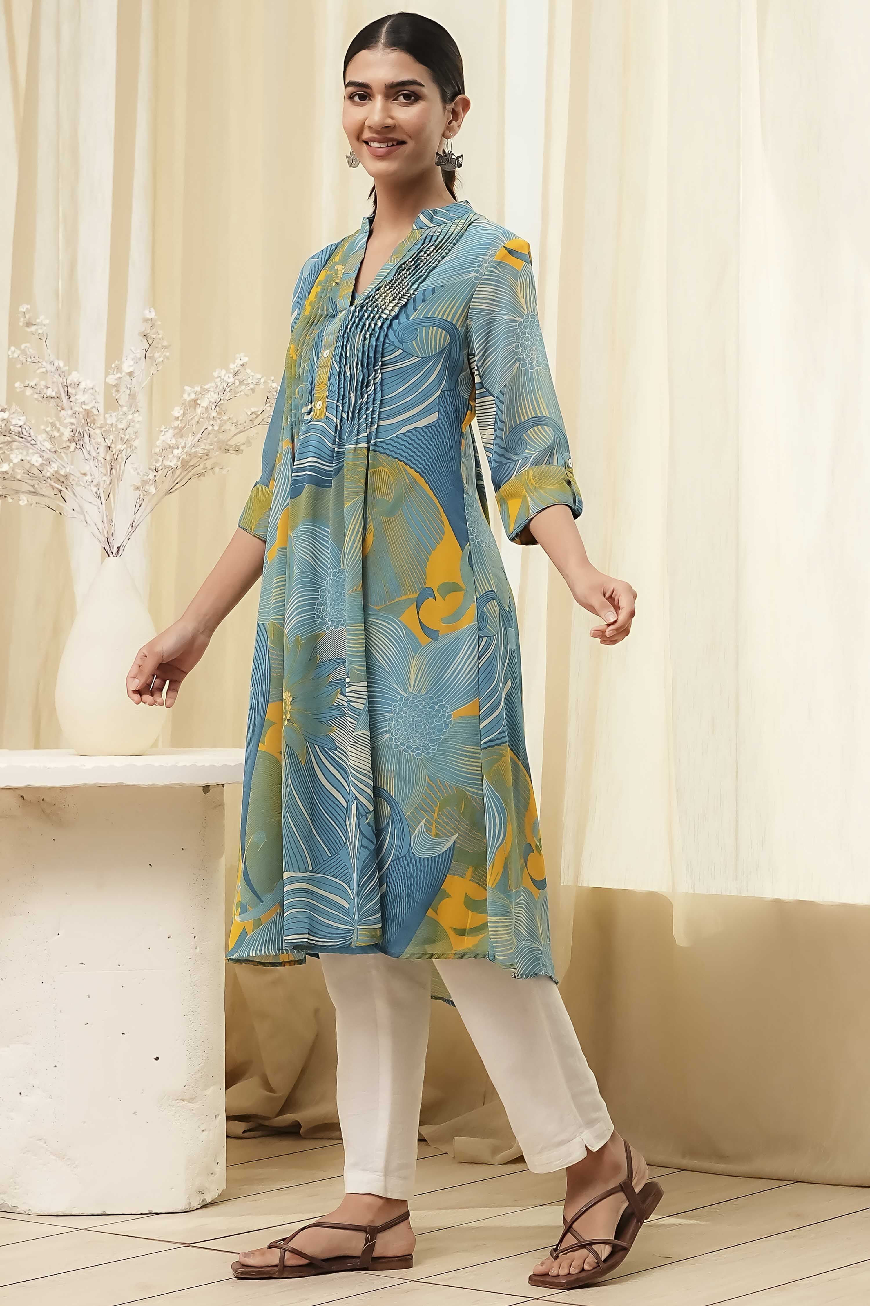 Blue Printed Pleated A-Line Kurta image number 2