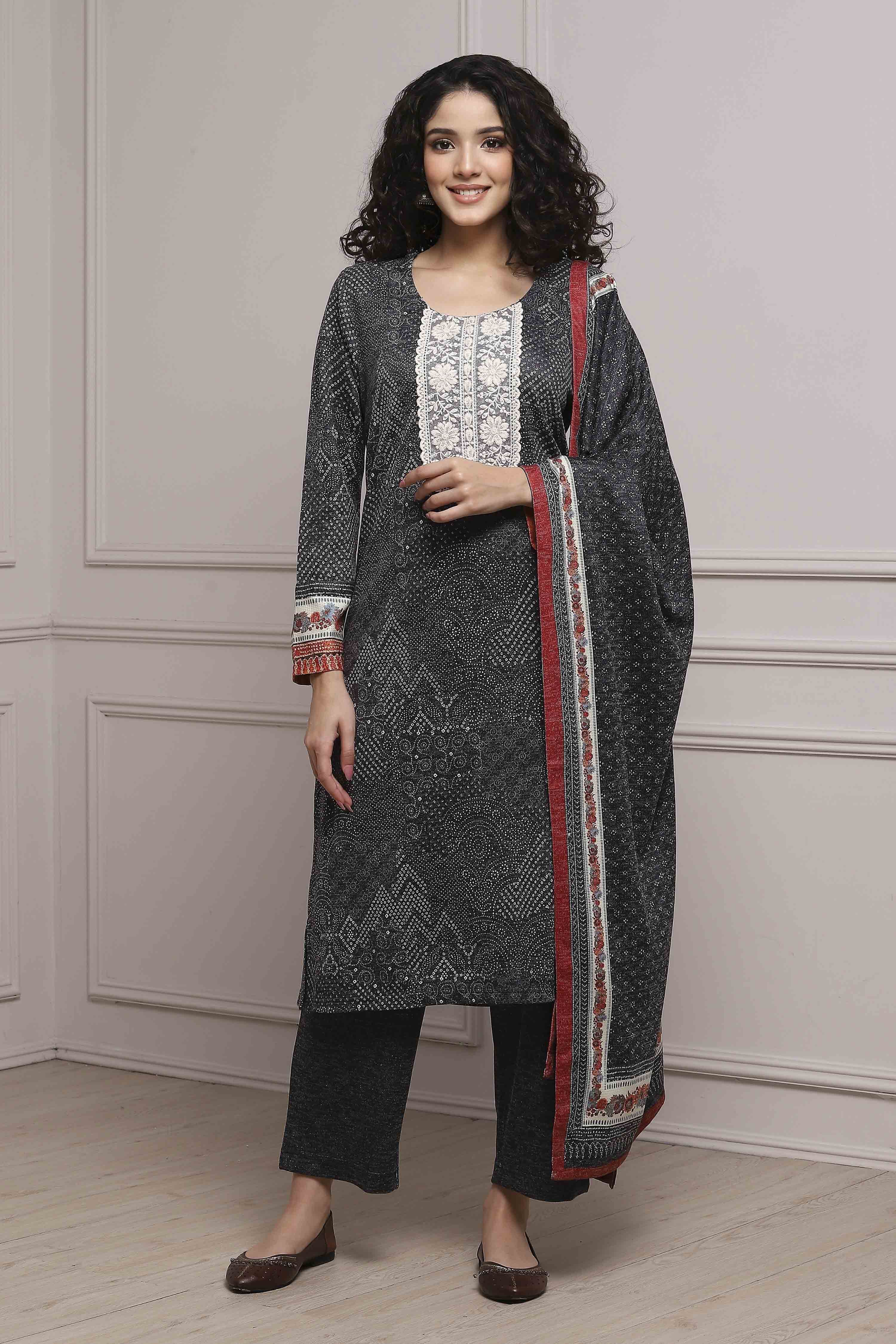 Black Printed Straight Winter Suit Set image number 6