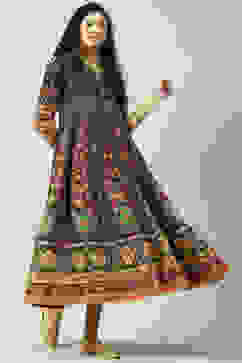 Teal Art Silk Flared Fusion Printed Dress image number 3