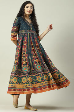 Teal Art Silk Flared Fusion Printed Dress image number 3