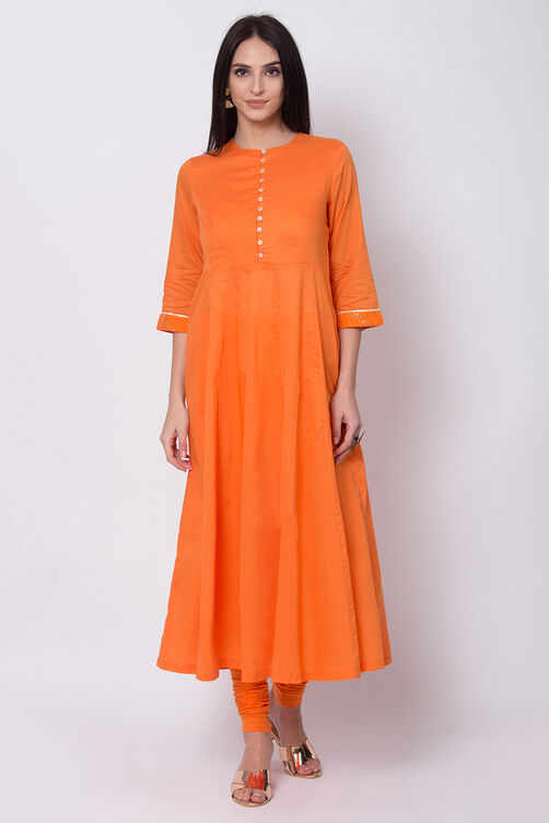 Orange Cotton Front Open Kurta Churidar Suit Set image number 4
