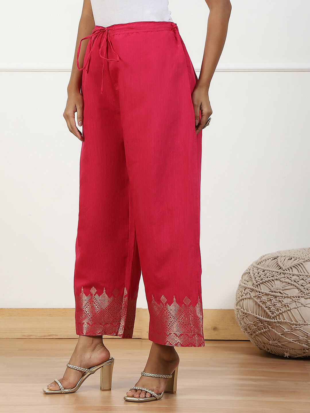 Pink Jacquard Solid Straight Palazzo Pants image number 2