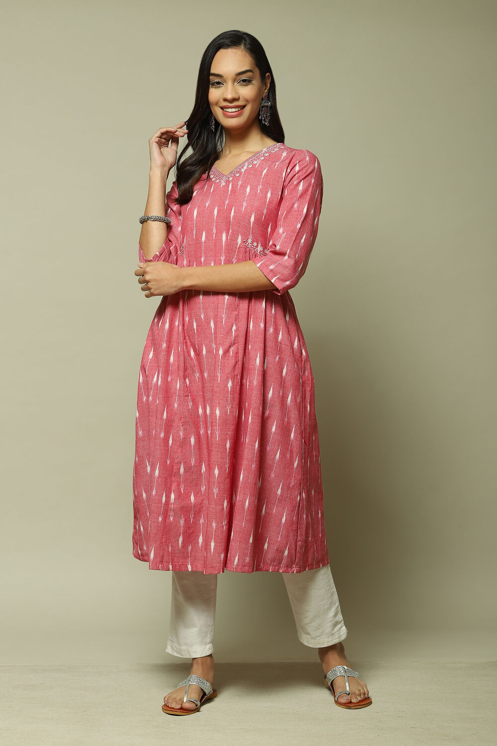 Red Cotton IKAT Flared Yarndyed Kurta image number 1