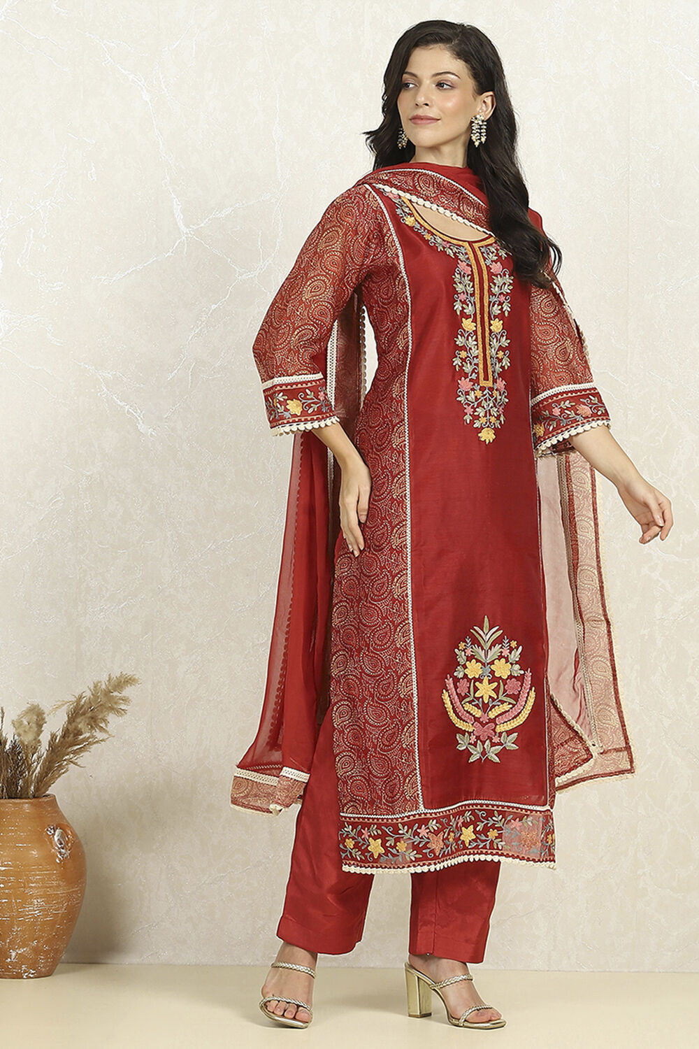 Teal Chanderi Unstitched Suit Set image number 6