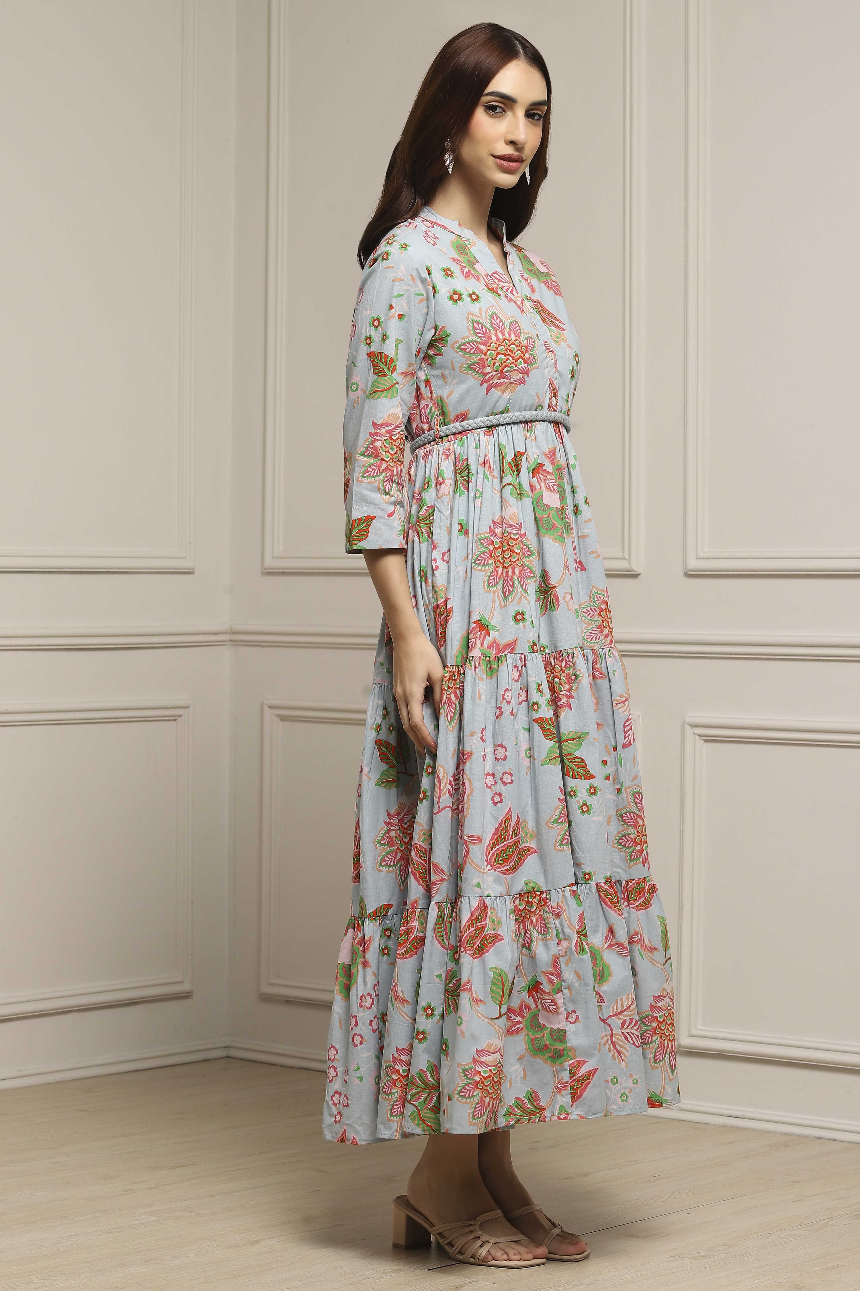 Earthy Blue Cotton Floral Tiered Dress image number 4