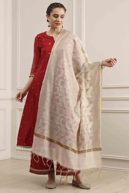 Cream Polyester Yarndyed Dupatta image number 1