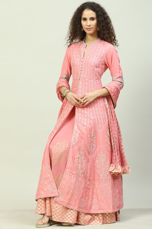 Off White Cotton Anarkali Kurta Lehenga Suit Set image number 7