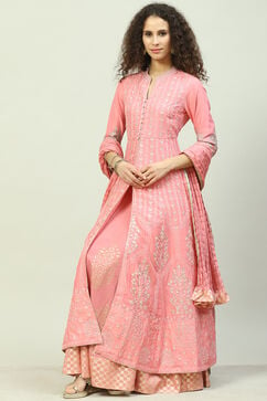 Blush Pink Cotton Anarkali Kurta Lehenga Suit Set image number 7
