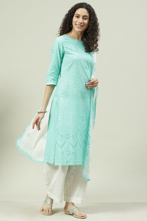 Aqua Printed Cotton Straight Kurta Palazzo Suit Set image number 6