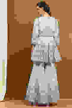 Aqua Blue Cotton Floral Printed Peplum Flared Suit Set image number 4