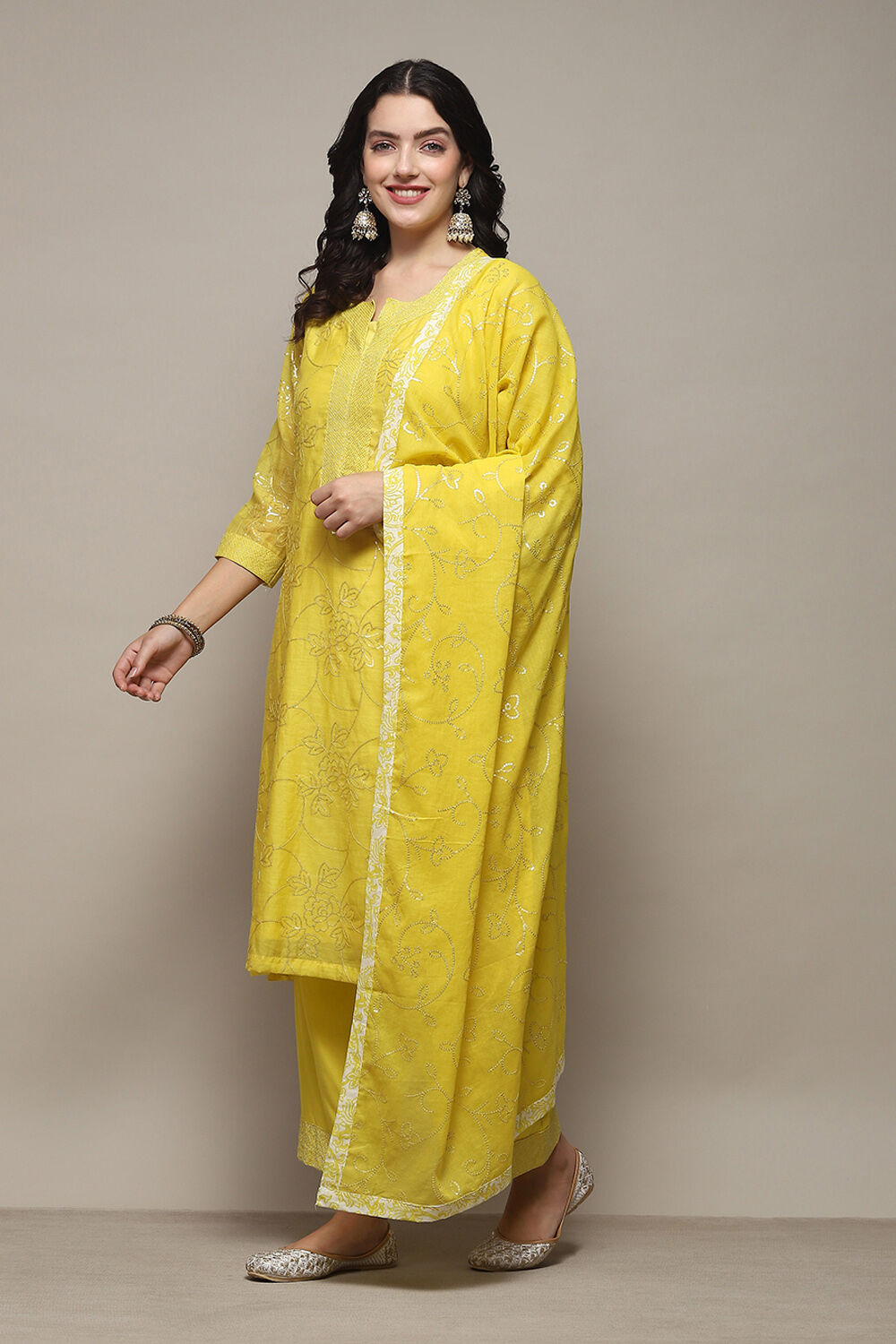 Lime Yellow Cotton Silk Straight Kurta Palazzo Suit Set image number 4