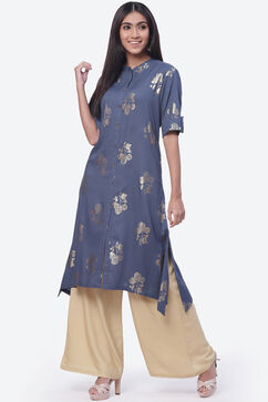 Steel Blue Rayon Asymmetric Kurta image number 2
