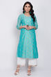 Aqua Poly Cotton A-Line Embroidered Kurta image number 2