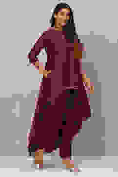 Deep Purple Flared Cotton Silk Fusion Wear 2 Piece Set image number 5