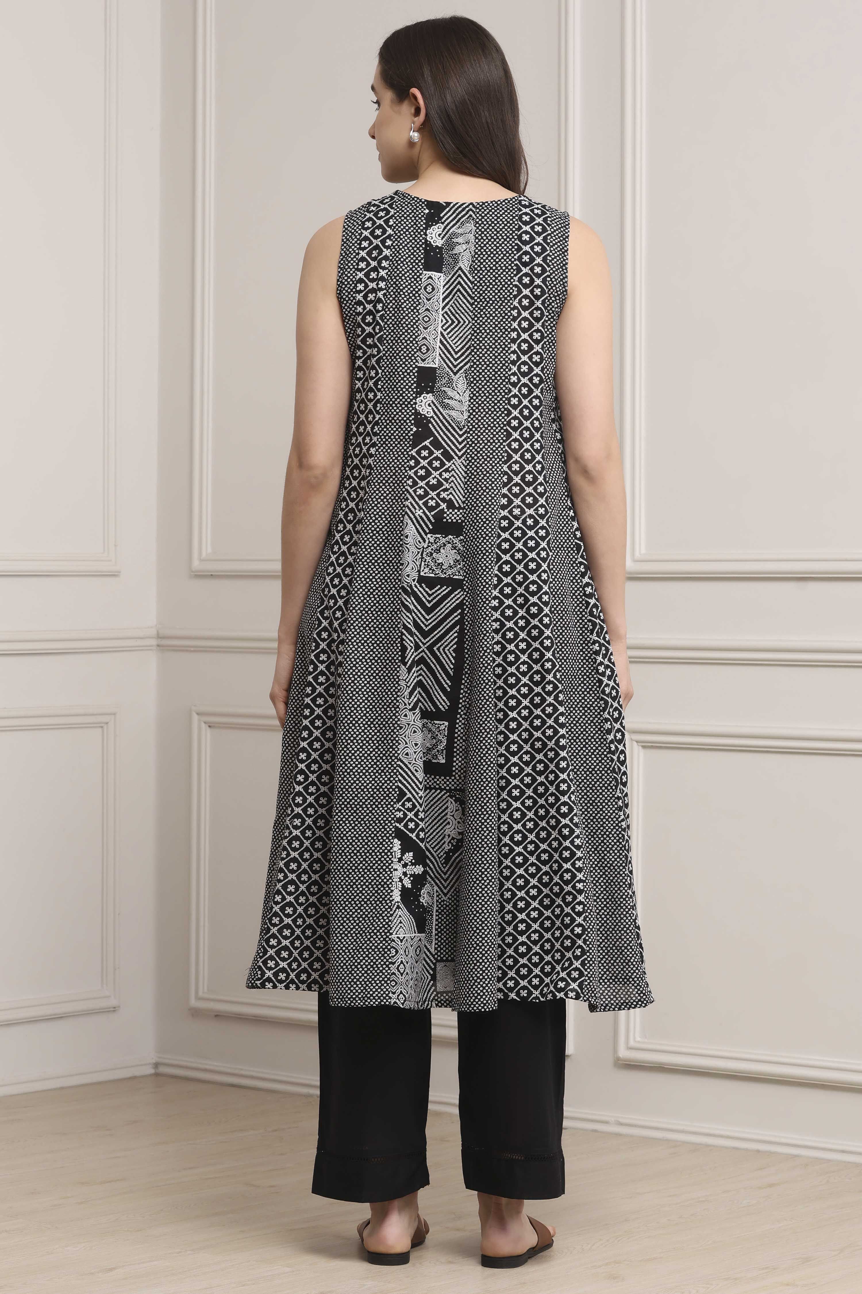 Black Cotton Printed Anarkali Suit Set image number 4