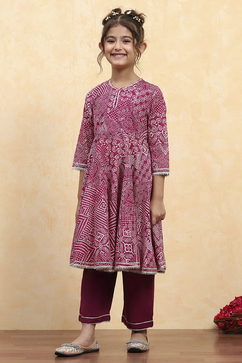 Purple Cotton Printed Anarkali Suit Set image number 6