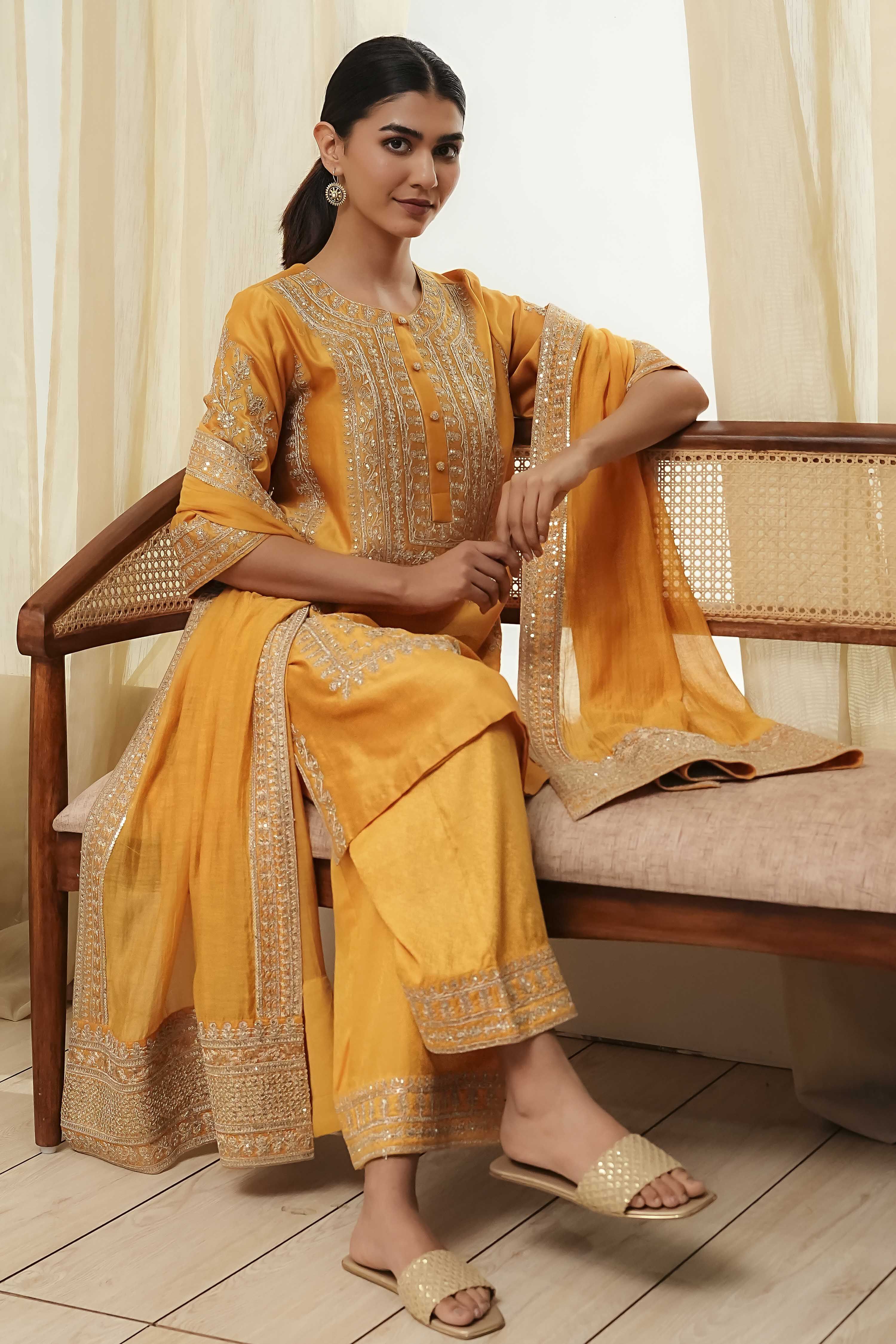 Ochre Yellow Cotton Silk Straight Suit Set image number 0