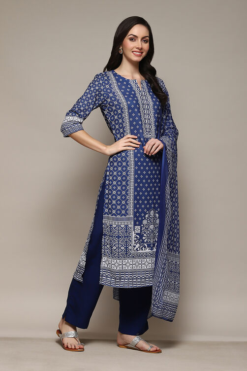 Navy Blue Cotton Blend Digital Print Unstitched Suit Set image number 7